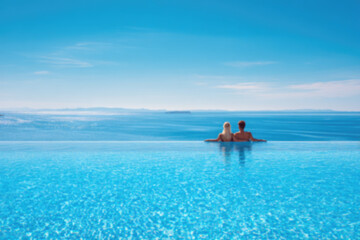 A holiday couple in a big infinity pool enjoys the panoramic view to the blue sea during summer vacation time