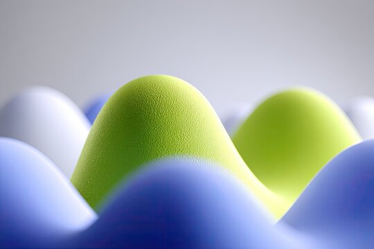 Abstract, 3D render of soft, rounded shapes in light blue and lime green.  Close-up view of textured hills