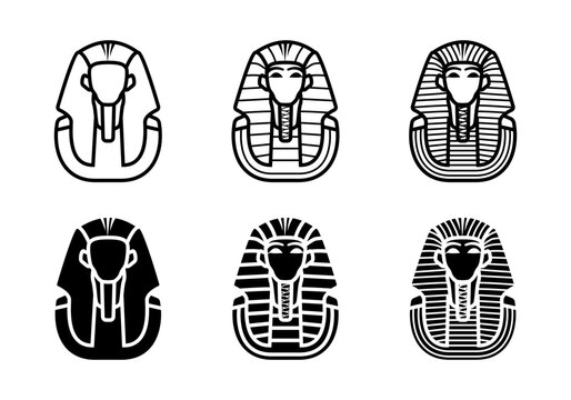 Pharaoh icon set. A set of minimalist outline illustrations of pharaoh masks, representing ancient Egyptian culture, history and royalty. Ideal for historical, cultural, and educational projects.