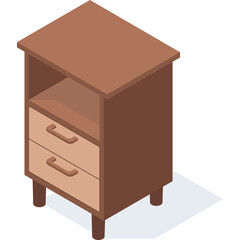 Brown Wooden Nightstand With Two Drawers And Open Shelf In Isometric View Against White Background And Blue Shadow