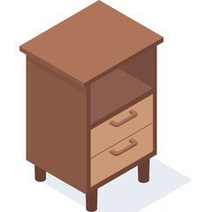 Brown Wooden Nightstand With Two Drawers And Open Shelf In Isometric View On White Background With Blue Shadow