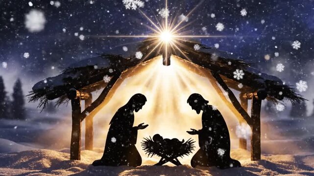 Artistic silhouette of nativity scene glowing with golden light, soft snowfall and ambient background.