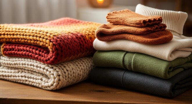 Cozy folded knit sweaters and chunky blankets in warm autumn colors stacked neatly on a rustic wooden surface for comfort and style. illustration