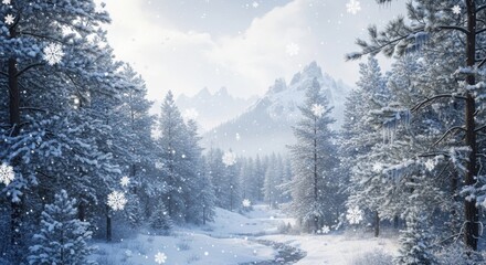 Winter wonderland in a serene mountain forest with a winding stream and falling snowflakes, a picturesque natural landscape scene. illustration