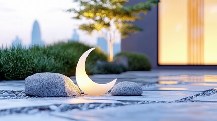 A serene outdoor patio features a glowing crescent moon lamp, smooth stones, and lush greenery against a blurred city skyline at twilight.