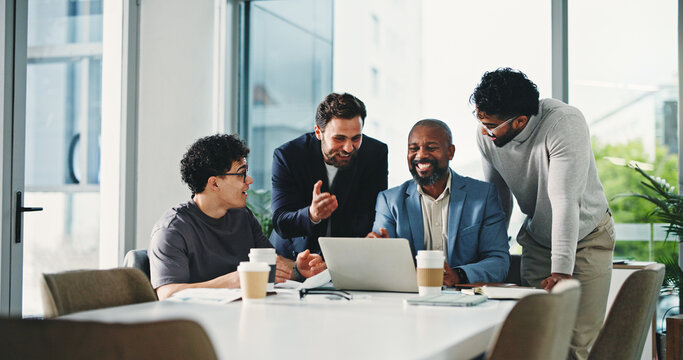 Excited, people and meeting with laptop in office for good news, promotion email and story funding. Team, discussion and pc for announcement, positive feedback and achievement for award nomination