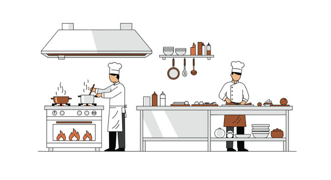 Professional chefs expertly preparing culinary masterpieces in a bustling, modern kitchen environment, creating delicious meals