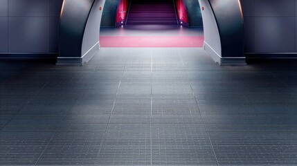 An empty, modern subway station entrance with a metallic floor, curved walls, and illuminated escalators leading to a pink carpeted area and stairs.