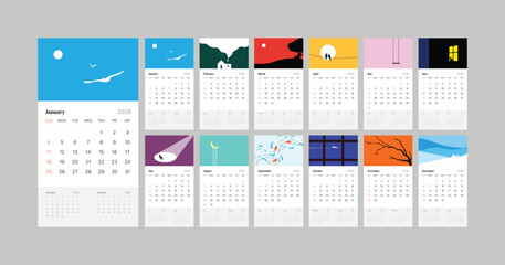 Monthly calendar 2026 week start Sunday corporate design template vector, wall desk calendar in a minimalist style