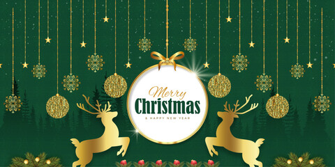 Gold Christmas and New Year Typographical on green background with winter landscape with snowflakes, light, stars. Merry Christmas card. Vector Illustration creative, Marry Christmas poster, web banne