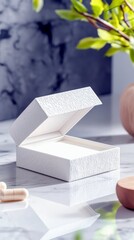 An open, textured white gift box sits on a reflective surface, suggesting a present or special item, with soft lighting and blurred background elements.