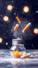 A magical scene with orange star-shaped candies and cylindrical objects floating in a glittery atmosphere above a jar, creating a whimsical and festive mood.