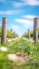A narrow dirt path winds through a lush vineyard, bordered by weathered wooden posts and dotted with small white wildflowers, leading towards a bright blue sky.