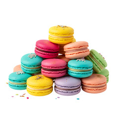 A Vibrant Assortment of Colorful Macarons Piled Together Against a Black Background with Sprinkles Scattered Around