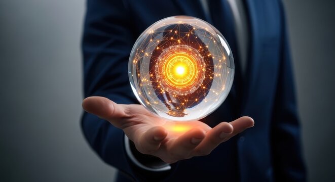 Businessman Holding a Glowing Futuristic Crystal Ball with Digital Network hand sphere