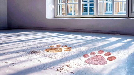 Paw prints are visible in dust on a wooden floor, illuminated by sunlight streaming through a window, creating a sense of warmth and domesticity.
