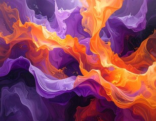 Abstract fluid art piece with vibrant orange and purple colors blending and swirling together. Features flowing ribbons