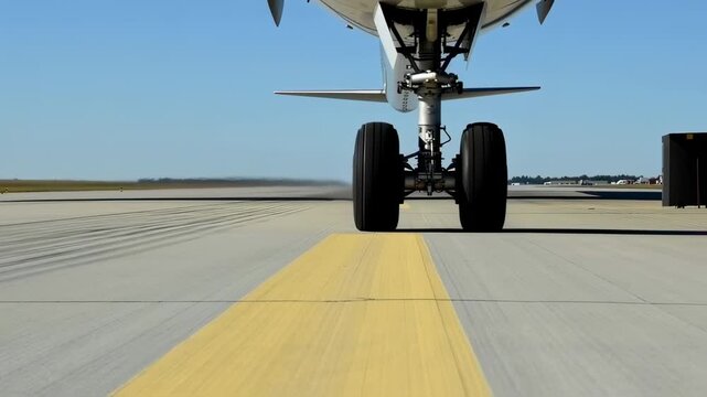 Low angle shot of airplane landing gear on a runway. Clear blue sky backdrop