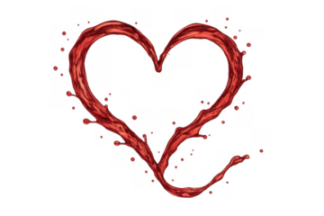 Red liquid forming a heart shape with splashes on transparent background representing love and romance