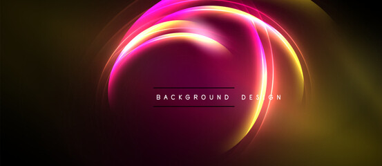 Abstract design features vibrant pink, orange glows. Dark background emphasizes circular light elements, creating dynamic visual effect.