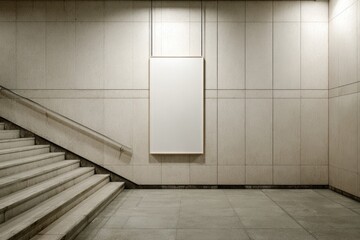 Empty stairway in a light beige subterranean hallway. Blank white poster hung on the wall