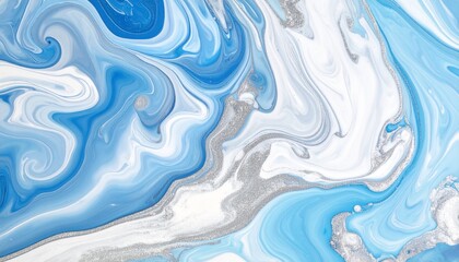 Fototapeta premium Abstract fluid texture with swirling blue, white, and silver tones blending seamlessly together, creating a smooth liquid movement effect that evokes calmness, modern elegance, and endless depth of fl