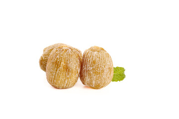 Dried Golden Jujube Fruits with Mint Leaf on White Background - Healthy Natural Snack Food...