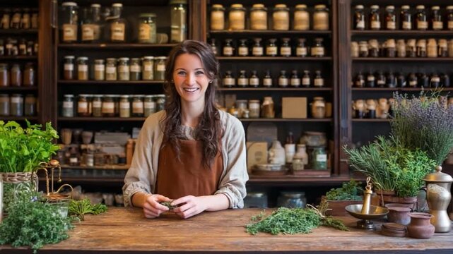 Smiling Botanist in Apothecary: A cheerful botanist stands amidst the vintage apothecary, surrounded by an array of herbs and jars, a testament to tradition and natural remedies.