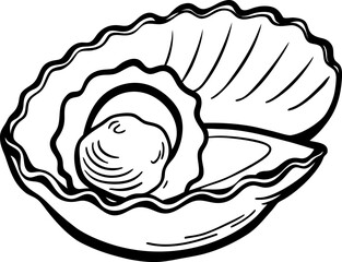 An intricately detailed black and white illustration of an oyster shell, open to reveal a single oyster. The shell is depicted in a side view, revealing its undulating, ridged texture. The interior of