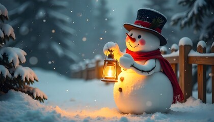 Obraz premium Whimsical snowman holding glowing lantern amidst gentle snowfall, radiating winter magic and festive cheer for holiday campaigns.