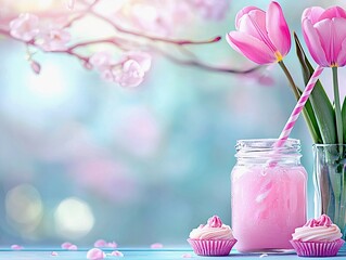 A delicate scene featuring pink tulips, frosted cupcakes, and a pink beverage in a jar, with a soft bokeh background of blooming flowers.