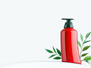 A sleek red pump bottle stands elegantly against a clean white backdrop, adorned with delicate green leaves.