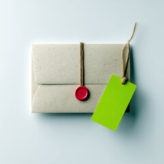 A rustic envelope is tied with twine, sealed with a red wax seal, and has a blank green tag attached.