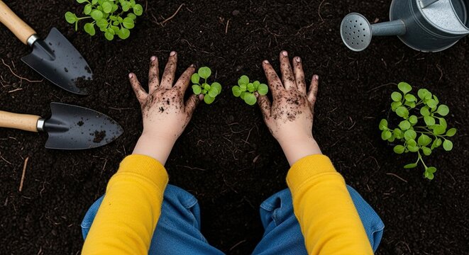Hands planting small seedlings in rich soil with gardening tools nearby