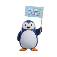 Fototapeta premium Festive Navy Penguin Holding Merry Xmas Sign Against Black Background