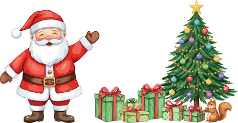 PrintHappy Santa Claus standing beside decorated Christmas tree with colorful ornaments, holiday gifts, cute squirrel, festive winter celebration illustration sceneHappy Santa Claus standing