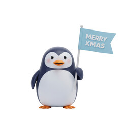 Obraz premium Penguin Holding Light Blue Merry Xmas Flag on Transparent Background