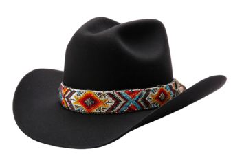 Black cowboy hat with beaded band on a black background