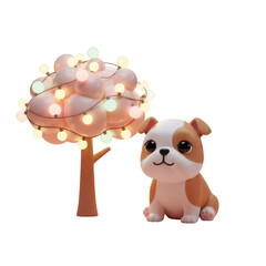 Fototapeta premium Cute Bulldog Puppy Next to Glowing Lighted Tree on Transparent