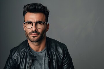 Fototapeta premium Portrait of a Man in a Leather Jacket Fictional Character Created By Generative AI
