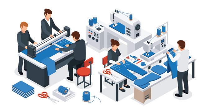 Modern garment factory workers efficiently crafting apparel with industrial sewing machines and fabric cutting equipment for mass production