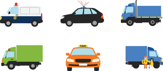 PrintIllustrated police vehicles, emergency car, cargo trucks, delivery truck, taxi cab, transportation icons, service vehicles collection, flat design automotive set, vector graphics © Creatives World