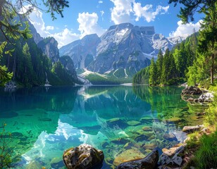 A serene mountain lake scene, clear turquoise water reflects snow-capped peaks and lush green trees under a blue sky with fluffy clouds