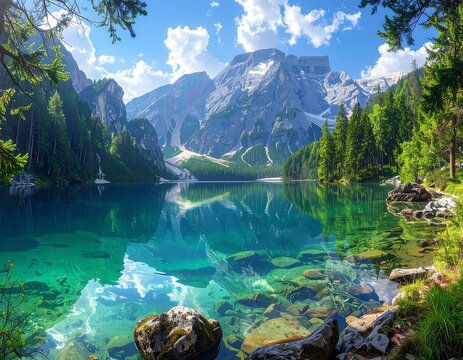A serene mountain lake scene, clear turquoise water reflects snow-capped peaks and lush green trees under a blue sky with fluffy clouds