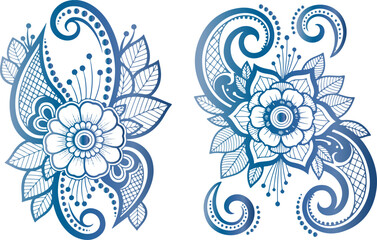 Intricate floral henna designs in blue gradient against a stark black background