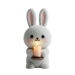 Obraz premium Fluffy White Rabbit Holding Lit Candle Against Transparent Background