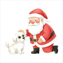 Watercolor Santa Claus with Dog Vector Illustration, Friendly Christmas Character
