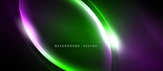 Abstract neon lines create dynamic green, purple glow. Dark background emphasizes bright curves, modern design element.