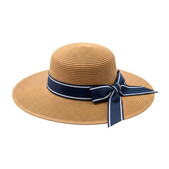 Straw hat with navy blue ribbon isolated on transparent background 