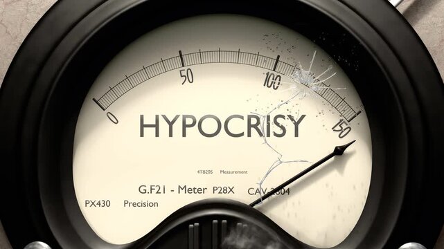 Hypocrisy meter showing big levels of hypocrisy. Dangerously increasing high values of hypocrisy, critical overload. Too much, off the charts. Max hypocrisy